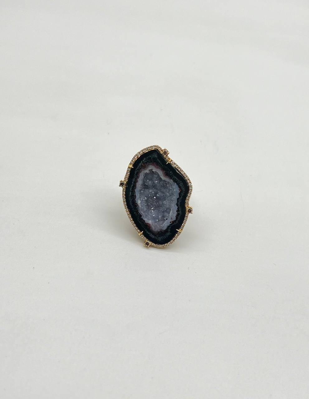 Free Shape Black Blue Crystal Quartz Druzi Diamonds Halo 18K Yellow Gold Ring