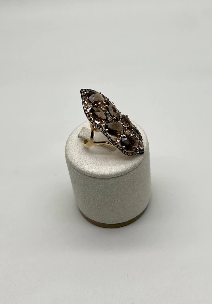 Brown Smokey Quartz & Sapphire Diamonds Halo Statement 14K Gold Statement Ring