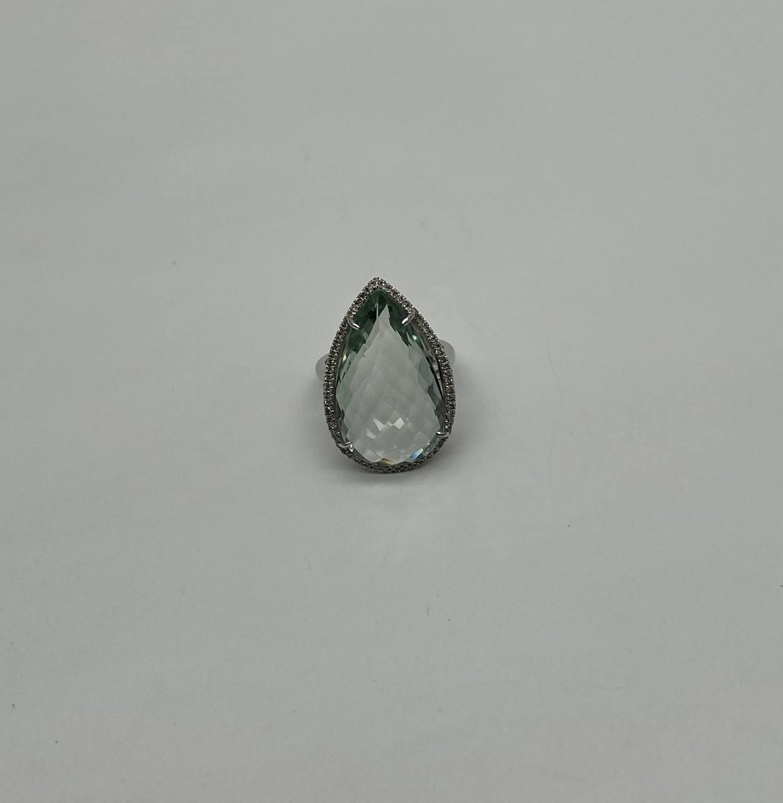 Pear Teardrop Light Blue Topaz White Diamonds Halo 14K White Gold Statement Ring