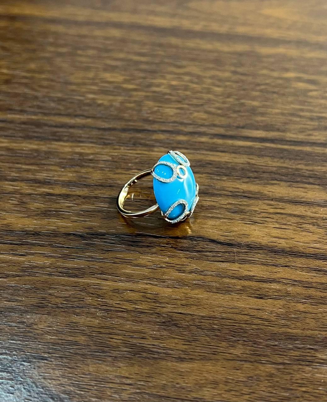 Round Blue Teal Turquoise Diamond Swirl Scroll 14K Yellow Gold Cocktail Ring