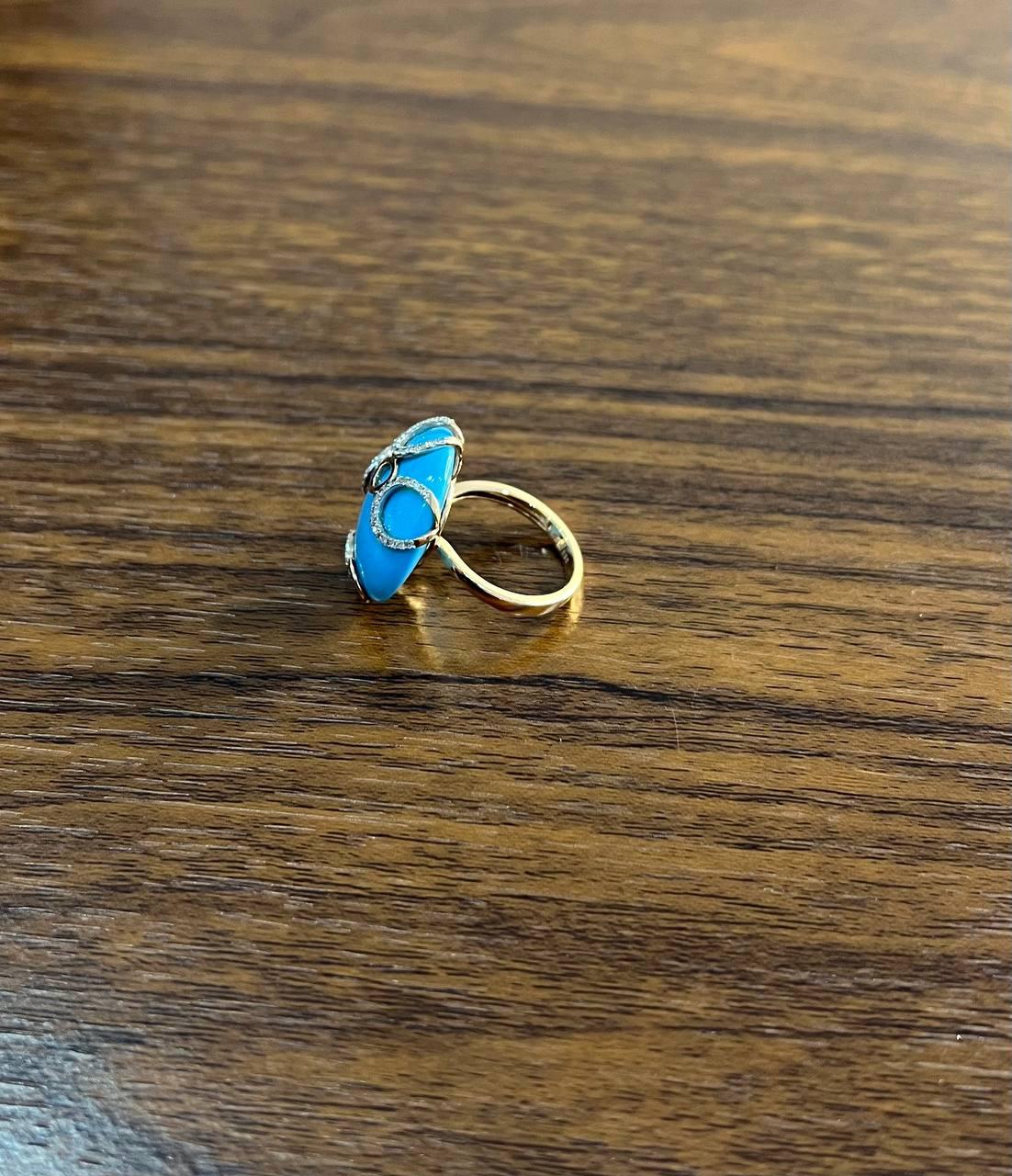 Round Blue Teal Turquoise Diamond Swirl Scroll 14K Yellow Gold Cocktail Ring