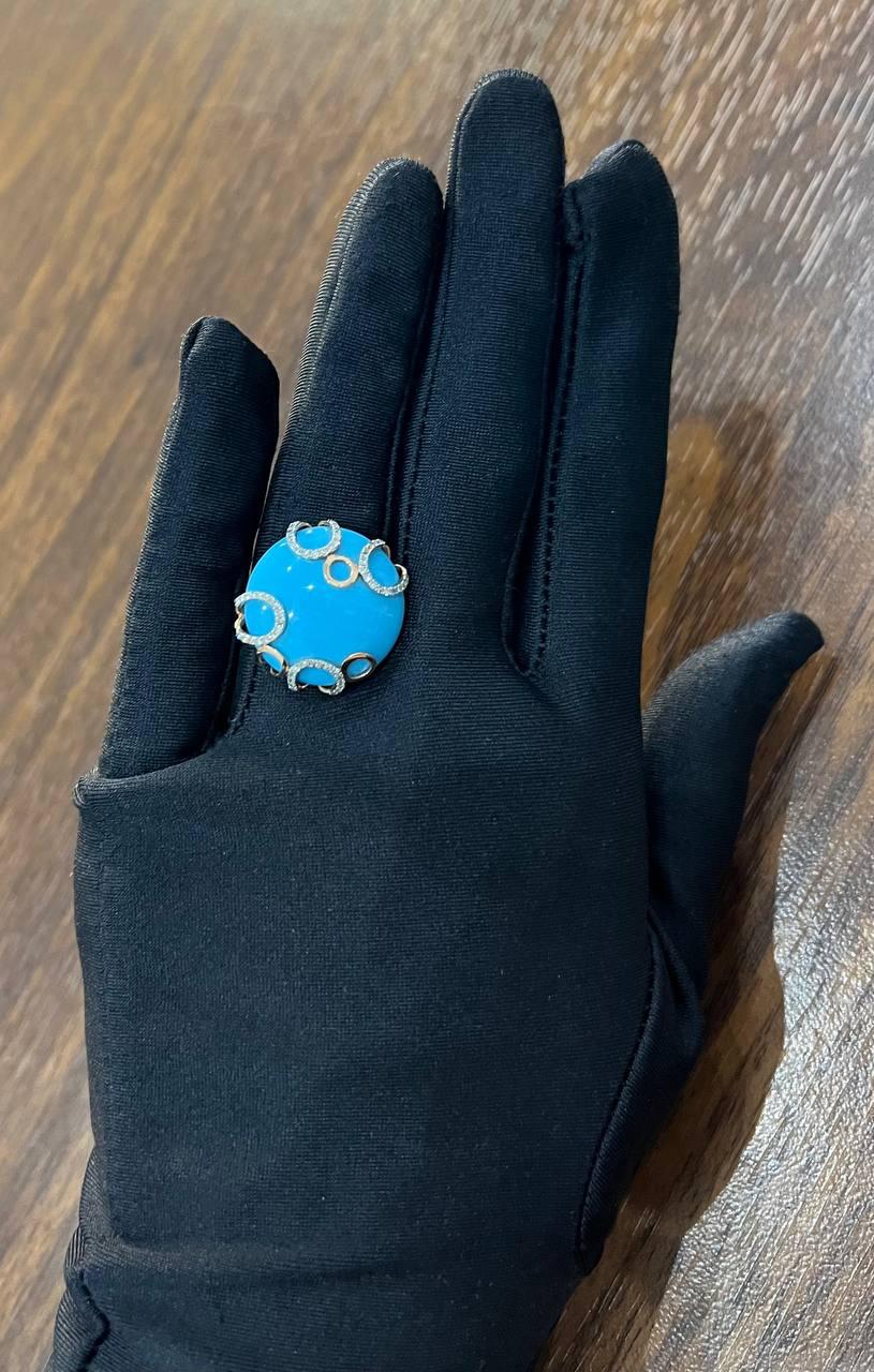 Round Blue Teal Turquoise Diamond Swirl Scroll 14K Yellow Gold Cocktail Ring