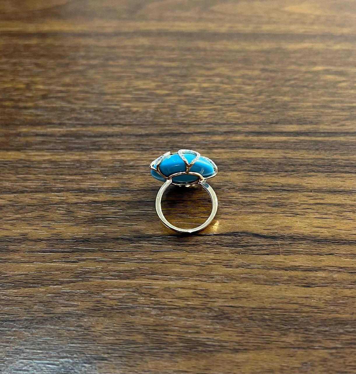 Round Blue Teal Turquoise Diamond Swirl Scroll 14K Yellow Gold Cocktail Ring