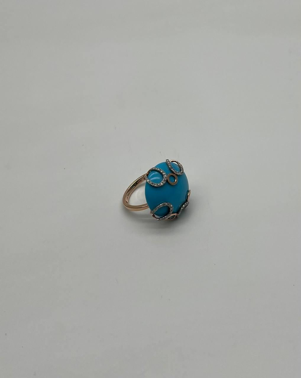 Round Blue Teal Turquoise Diamond Swirl Scroll 14K Yellow Gold Cocktail Ring
