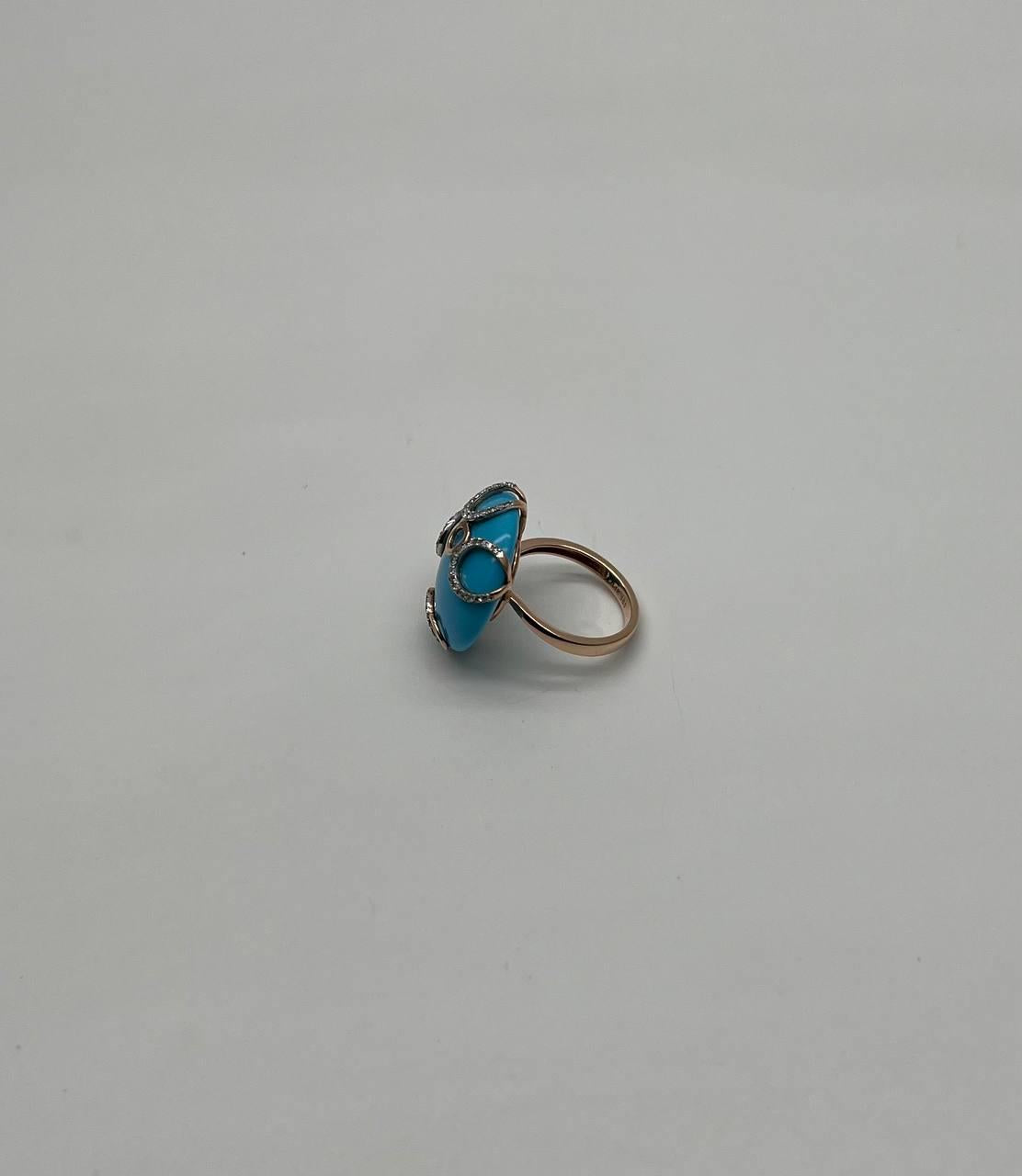 Round Blue Teal Turquoise Diamond Swirl Scroll 14K Yellow Gold Cocktail Ring