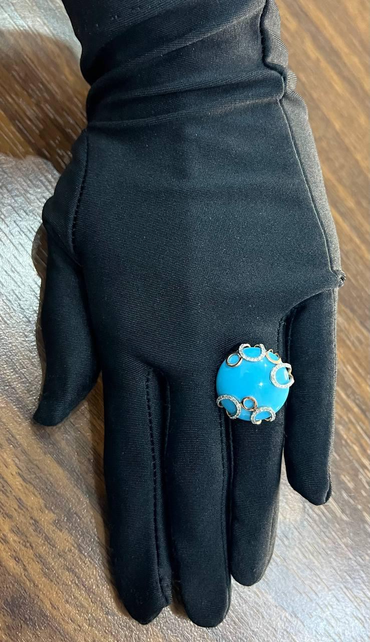 Round Blue Teal Turquoise Diamond Swirl Scroll 14K Yellow Gold Cocktail Ring