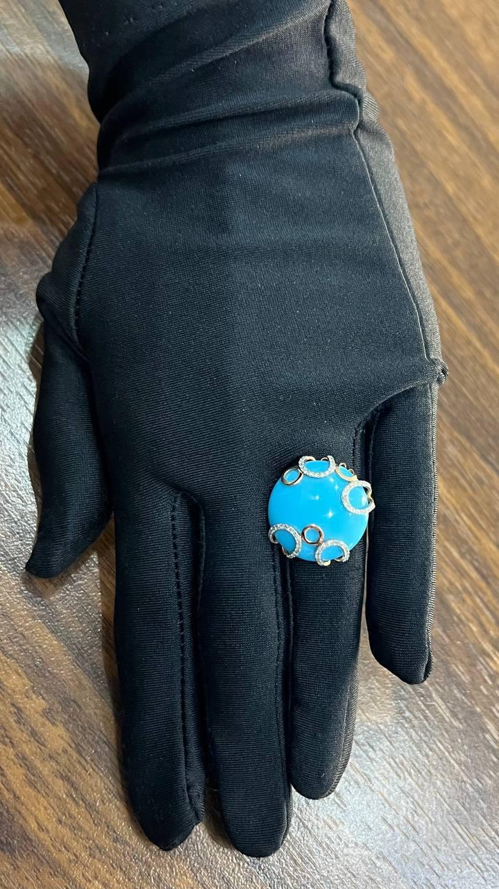 Round Blue Teal Turquoise Diamond Swirl Scroll 14K Yellow Gold Cocktail Ring