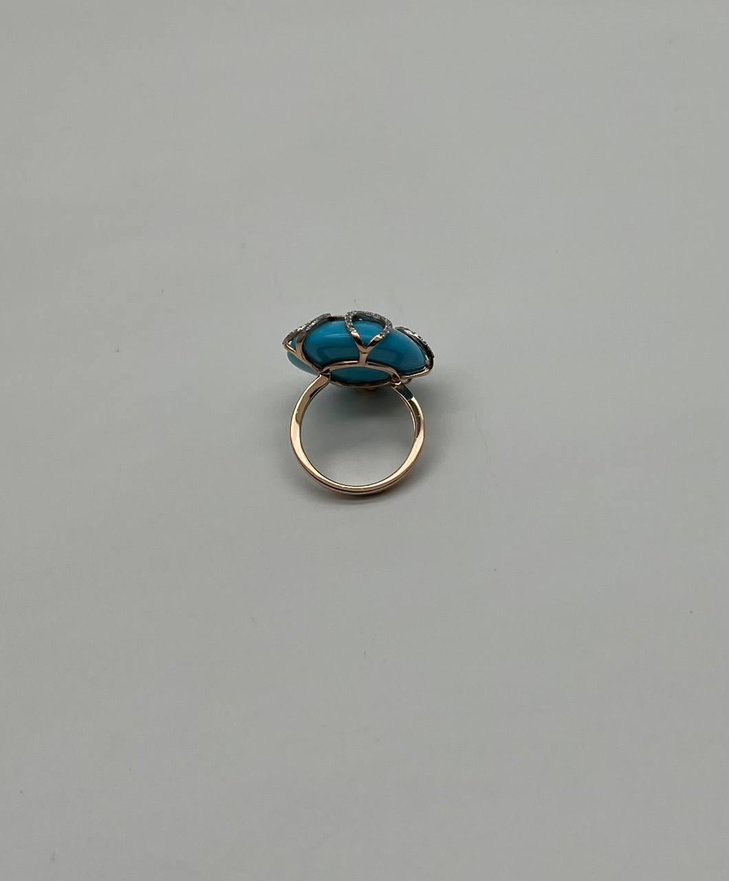 Round Blue Teal Turquoise Diamond Swirl Scroll 14K Yellow Gold Cocktail Ring