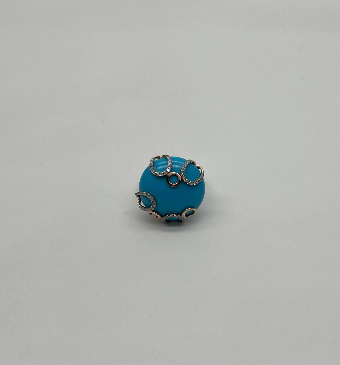 Round Blue Teal Turquoise Diamond Swirl Scroll 14K Yellow Gold Cocktail Ring
