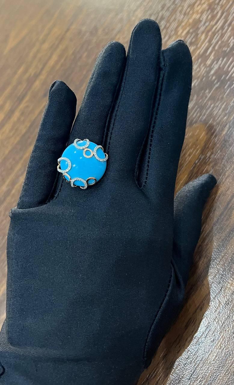 Round Blue Teal Turquoise Diamond Swirl Scroll 14K Yellow Gold Cocktail Ring
