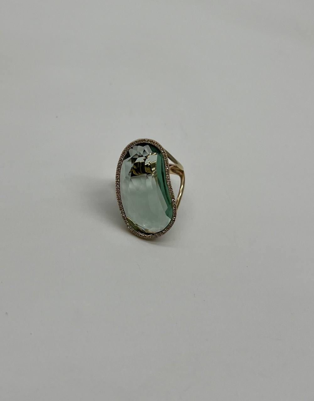 Free Shape Faceted Green Amethyst Prasiolite Diamonds Halo Gold Statement Ring