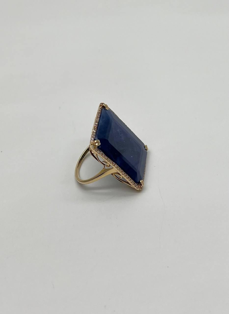 Rectangular Shape Blue Sapphire Faceted Cabochon Slice 14kGold Diamond Halo Ring
