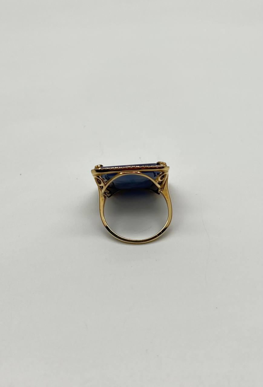 Rectangular Shape Blue Sapphire Faceted Cabochon Slice 14kGold Diamond Halo Ring