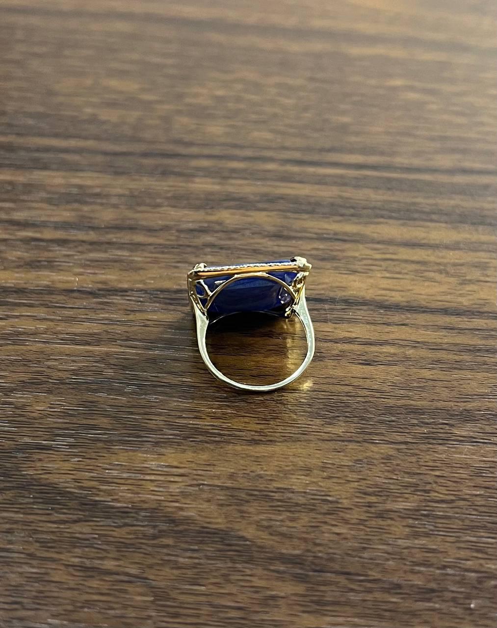 Rectangular Shape Blue Sapphire Faceted Cabochon Slice 14kGold Diamond Halo Ring