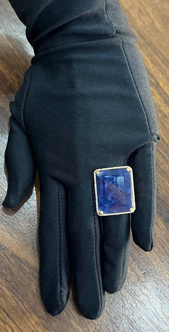 Rectangular Shape Blue Sapphire Faceted Cabochon Slice 14kGold Diamond Halo Ring