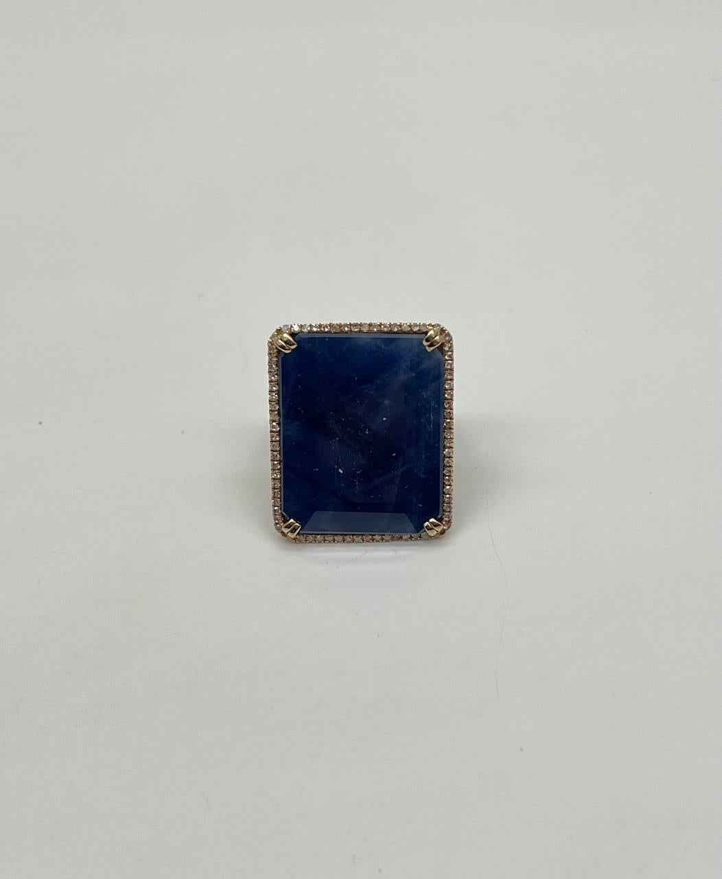 Rectangular Shape Blue Sapphire Faceted Cabochon Slice 14kGold Diamond Halo Ring