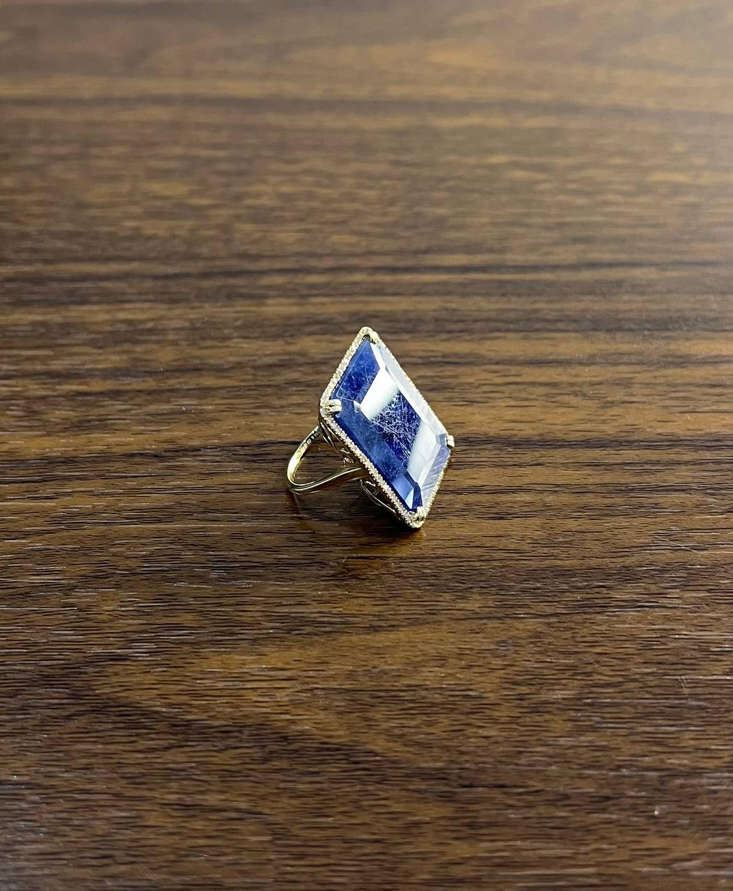 Rectangular Shape Blue Sapphire Faceted Cabochon Slice 14kGold Diamond Halo Ring