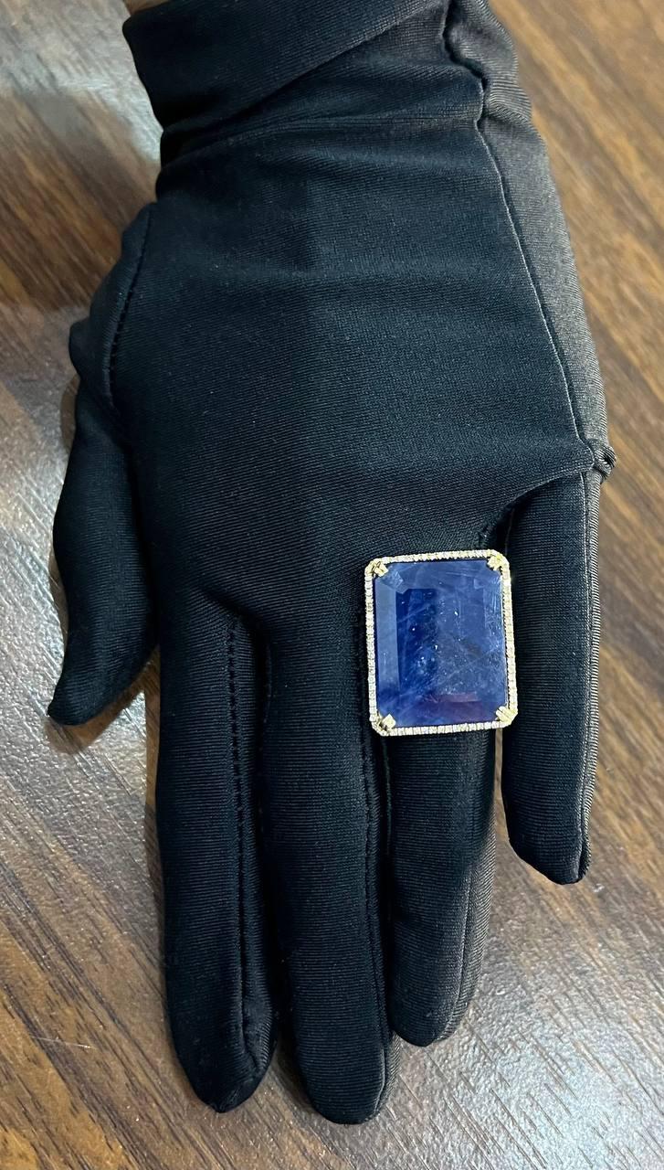 Rectangular Shape Blue Sapphire Faceted Cabochon Slice 14kGold Diamond Halo Ring