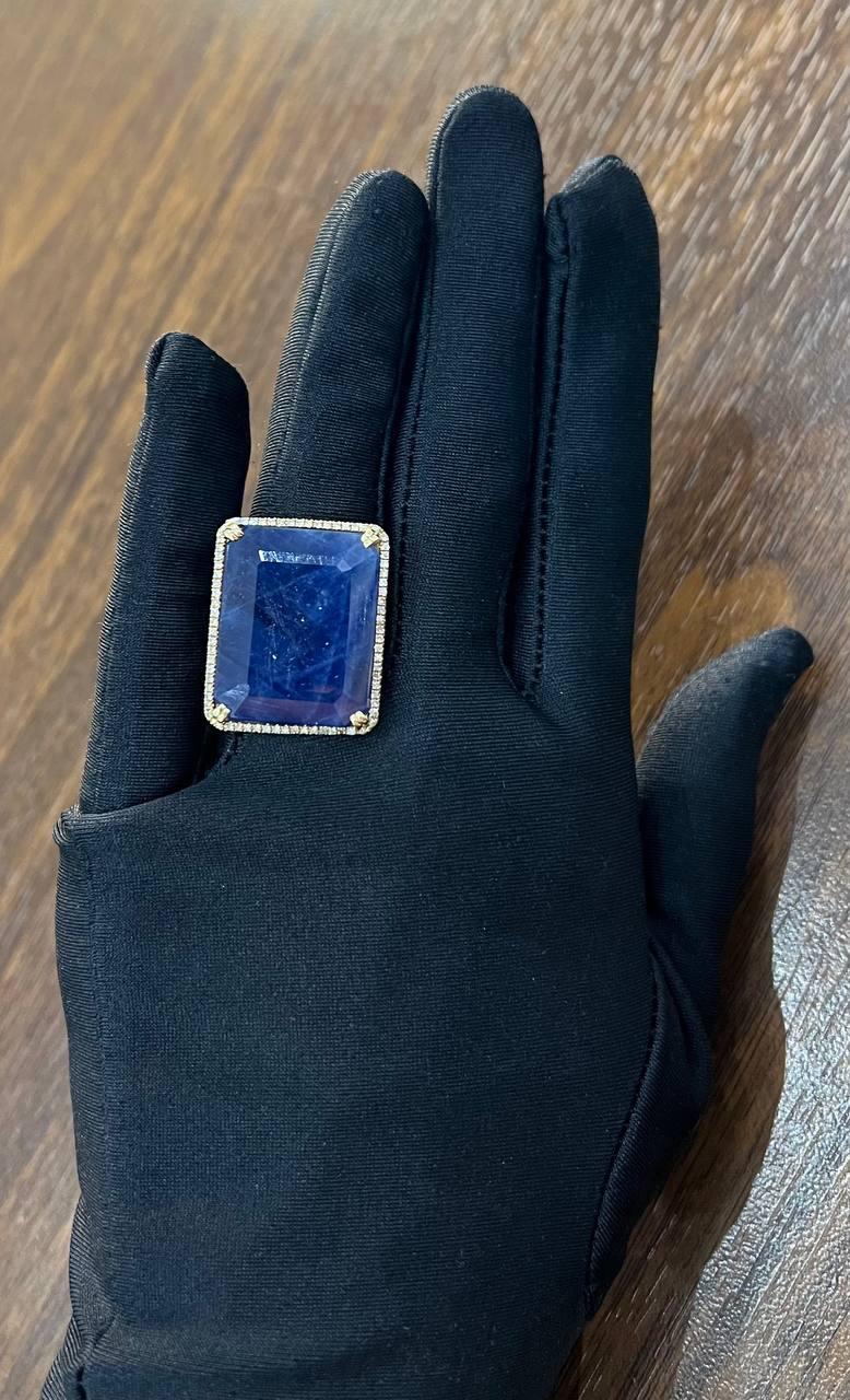 Rectangular Shape Blue Sapphire Faceted Cabochon Slice 14kGold Diamond Halo Ring