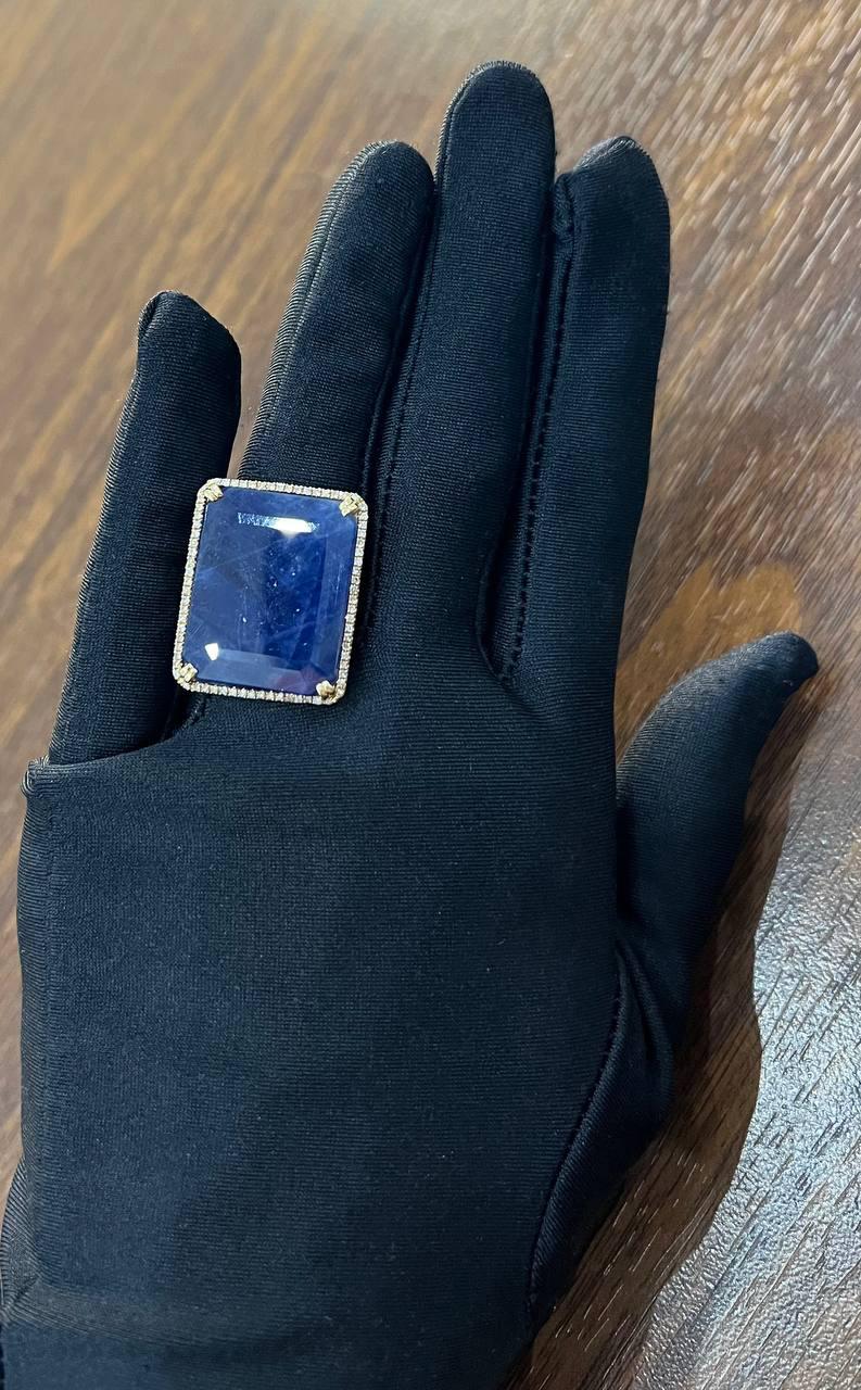 Rectangular Shape Blue Sapphire Faceted Cabochon Slice 14kGold Diamond Halo Ring