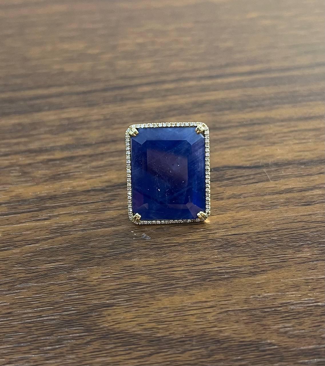 Rectangular Shape Blue Sapphire Faceted Cabochon Slice 14kGold Diamond Halo Ring