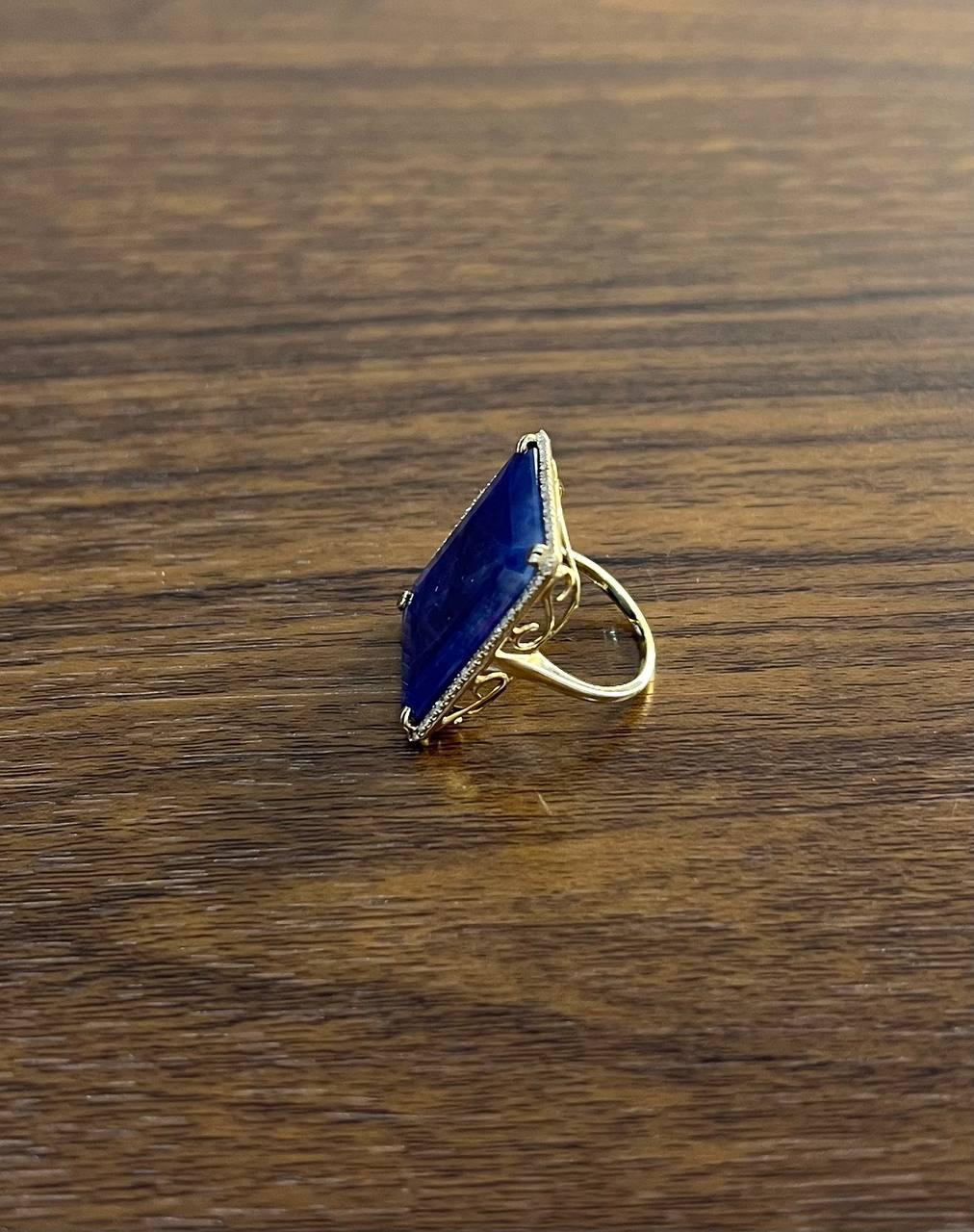 Rectangular Shape Blue Sapphire Faceted Cabochon Slice 14kGold Diamond Halo Ring