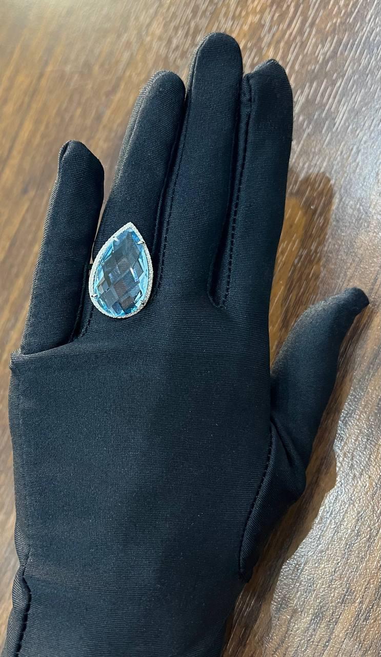 Pear Teardrop Light Blue Topaz White Diamonds Halo 14K White Gold Statement Ring