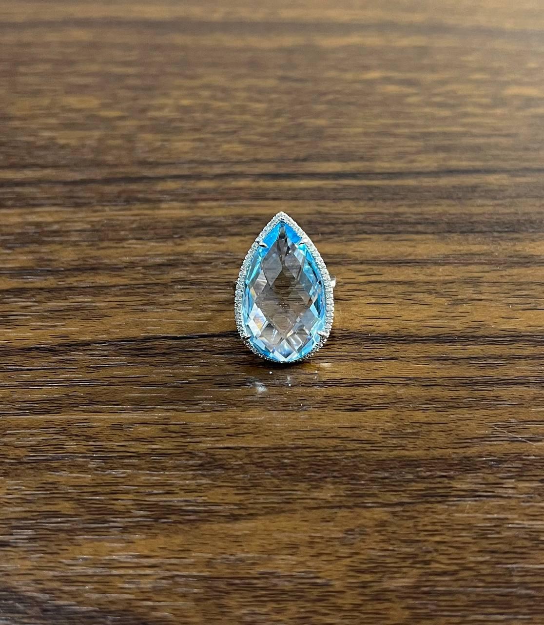 Pear Teardrop Light Blue Topaz White Diamonds Halo 14K White Gold Statement Ring
