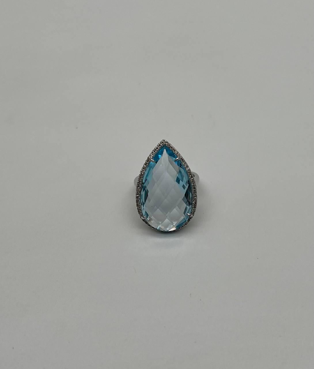 Pear Teardrop Light Blue Topaz White Diamonds Halo 14K White Gold Statement Ring