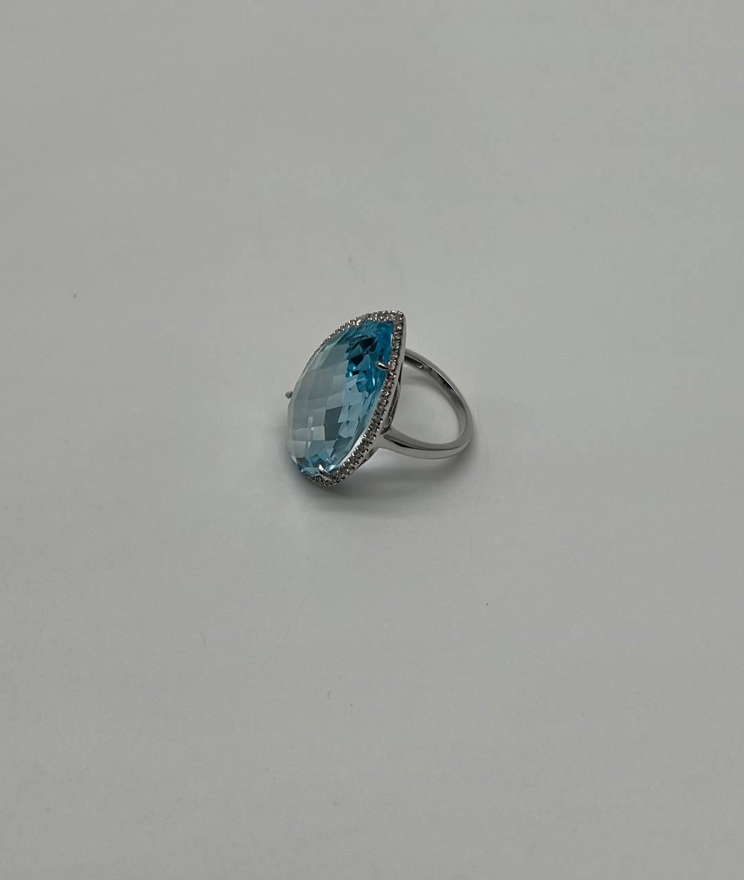 Pear Teardrop Light Blue Topaz White Diamonds Halo 14K White Gold Statement Ring