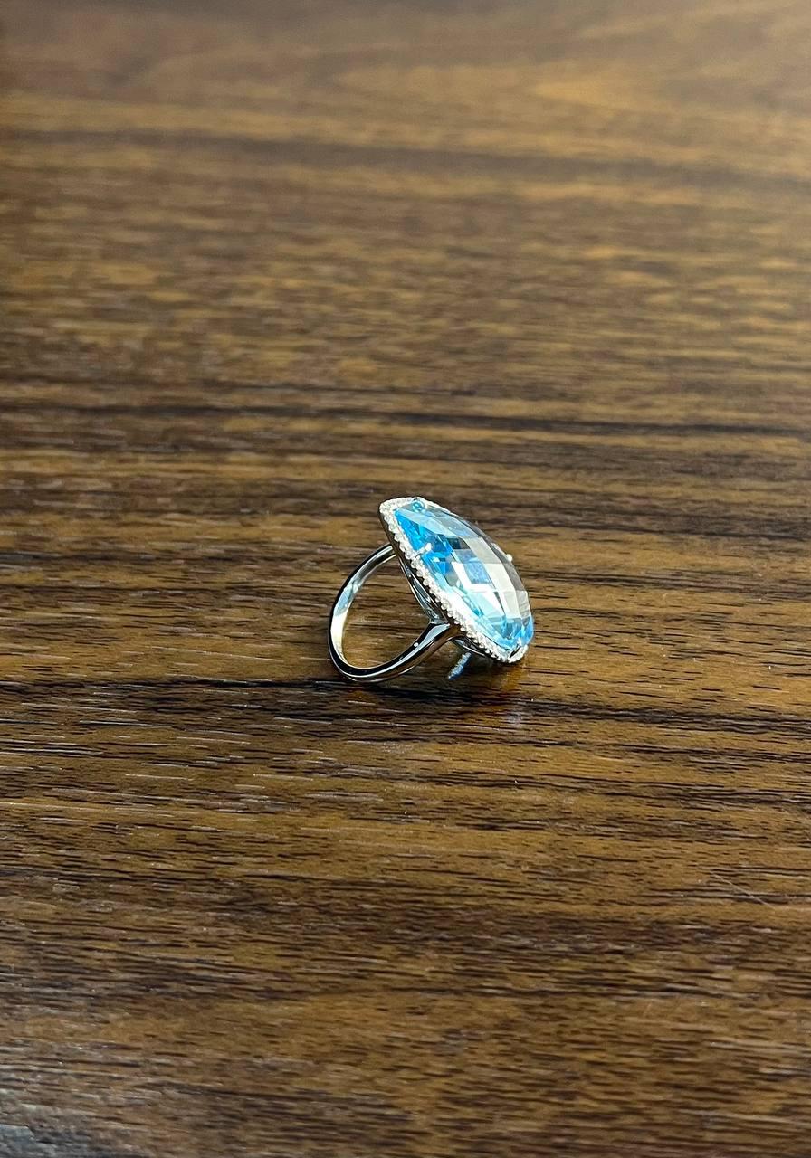 Pear Teardrop Light Blue Topaz White Diamonds Halo 14K White Gold Statement Ring