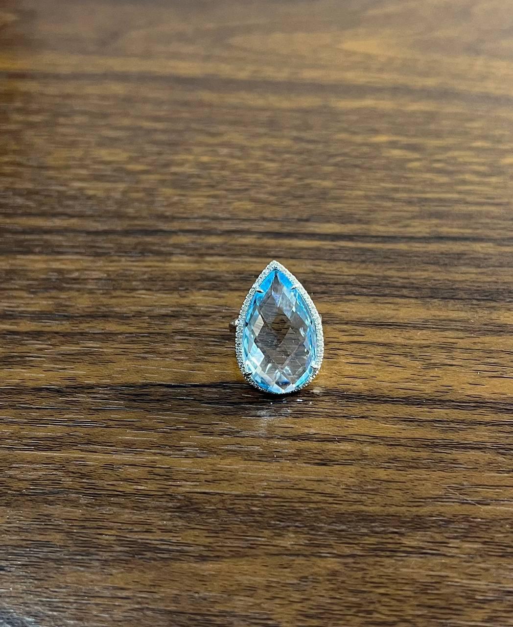 Pear Teardrop Light Blue Topaz White Diamonds Halo 14K White Gold Statement Ring