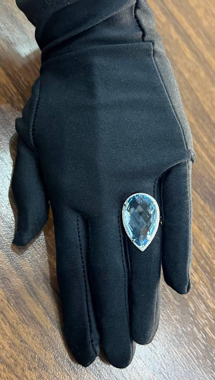 Pear Teardrop Light Blue Topaz White Diamonds Halo 14K White Gold Statement Ring