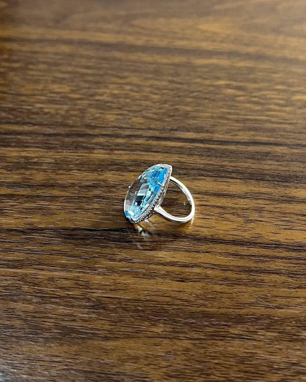 Pear Teardrop Light Blue Topaz White Diamonds Halo 14K White Gold Statement Ring