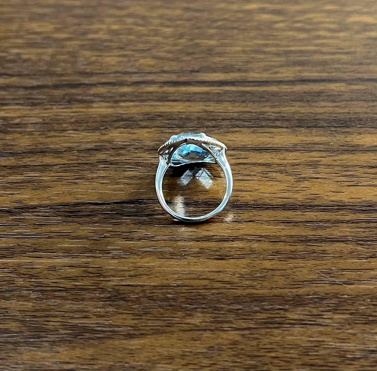 Pear Teardrop Light Blue Topaz White Diamonds Halo 14K White Gold Statement Ring