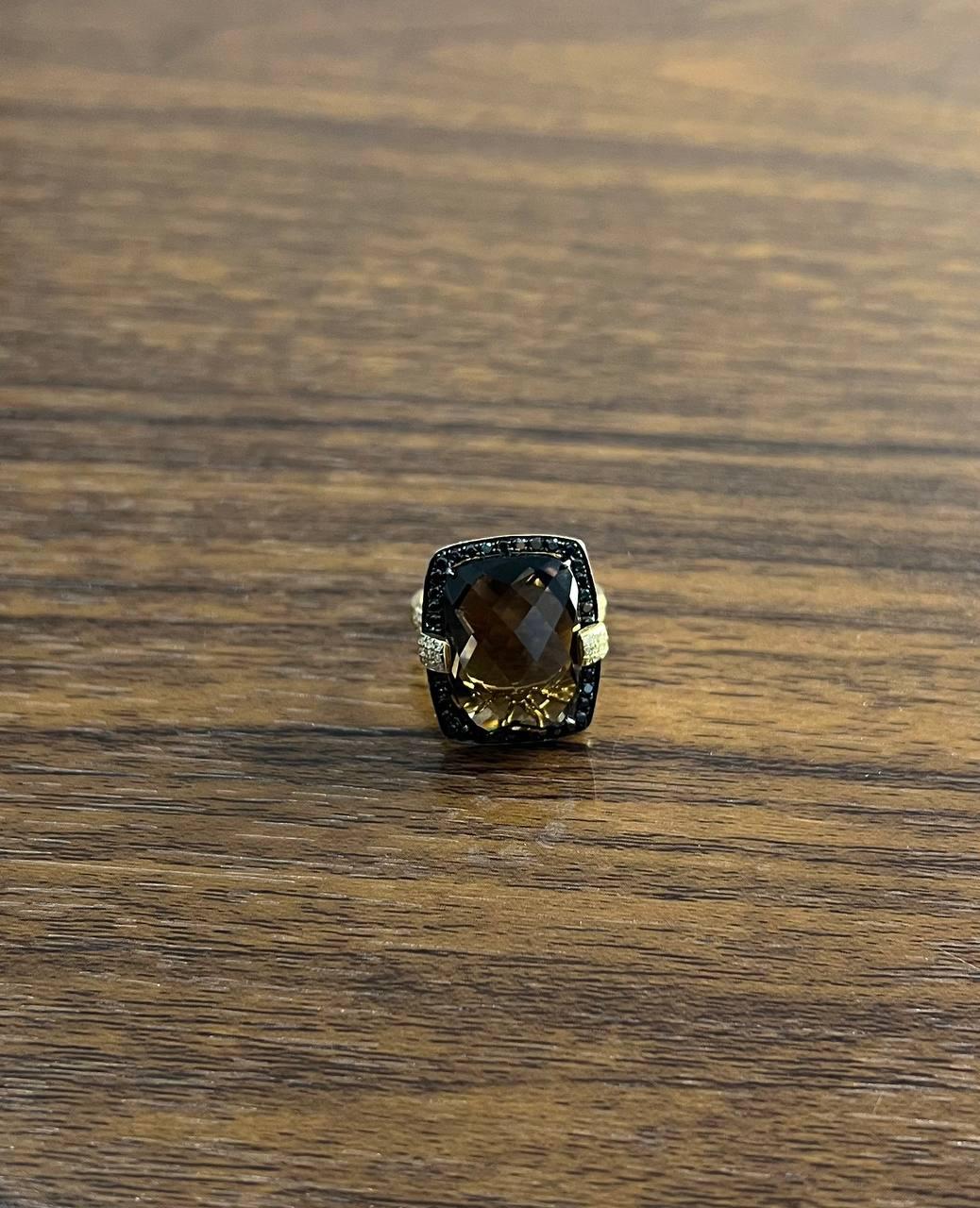 Rosecut Brown Smokey Quartz Black Diamonds Pave Set 14K Gold Statement Ring