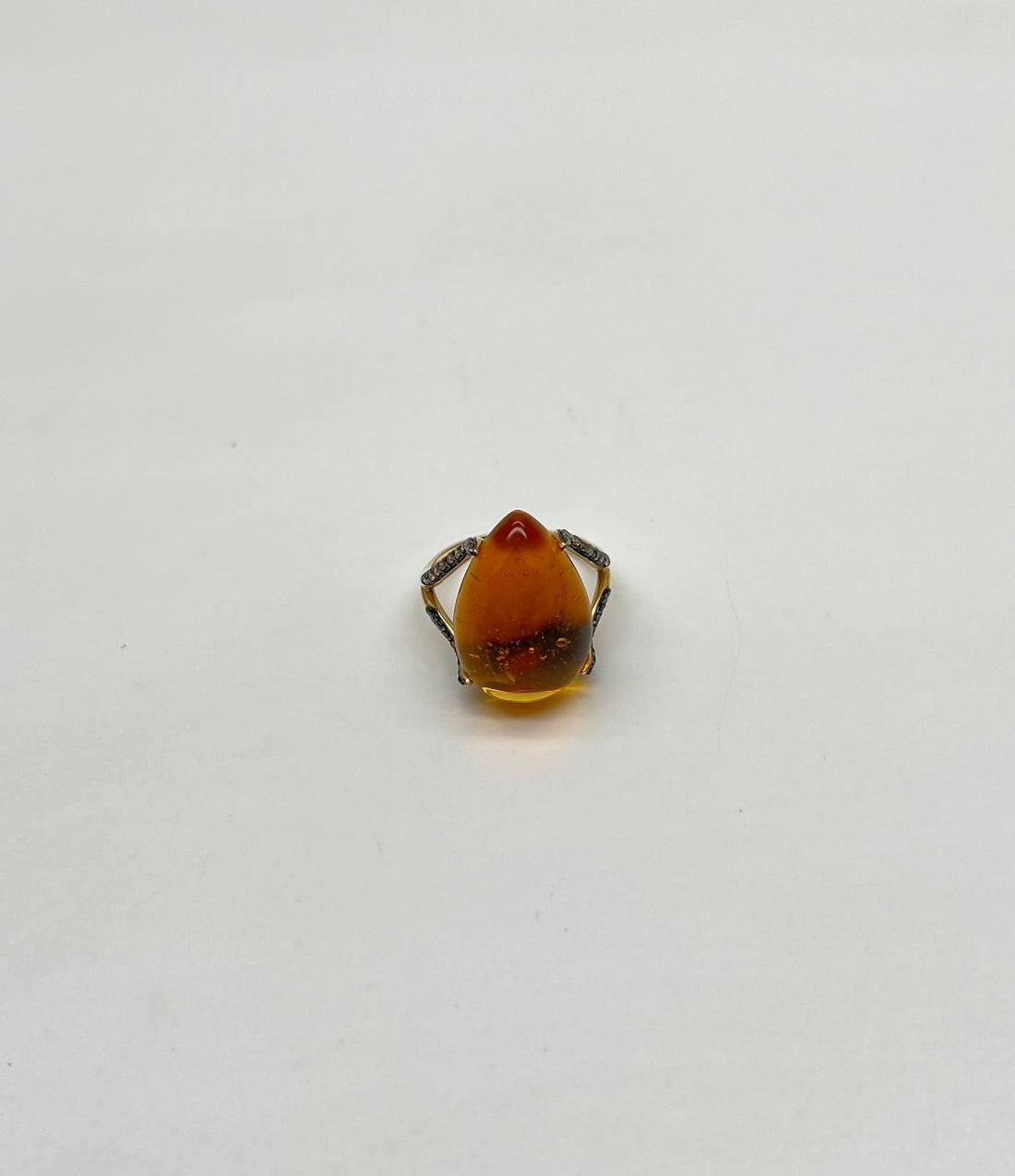 Pear Drop Shape Orange Citrine Cabochon Diamonds 14K Yellow Gold Ring