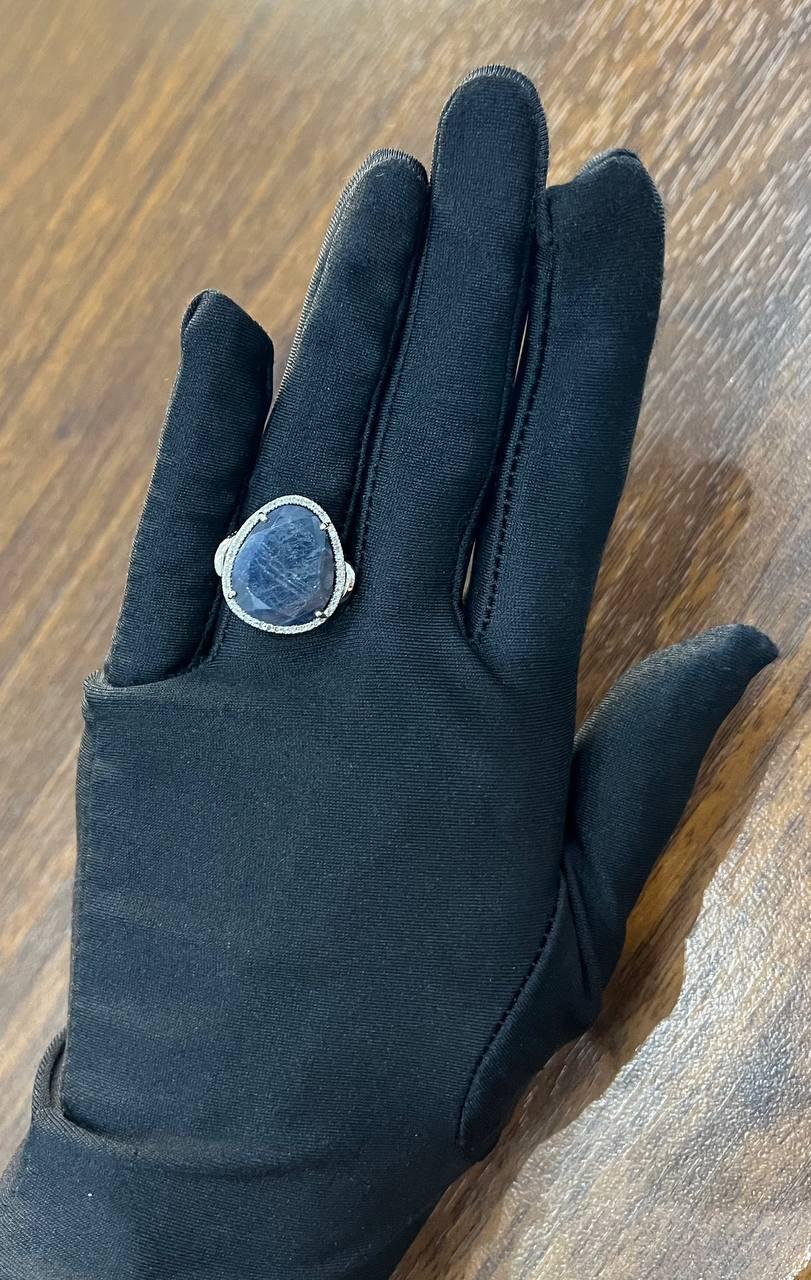 Dark Blue Sapphire Slice Cab Diamond Halo Set 14K White Gold Statement Ring