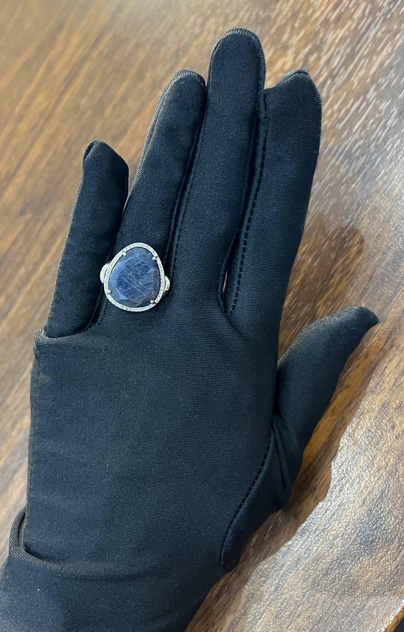 Dark Blue Sapphire Slice Cab Diamond Halo Set 14K White Gold Statement Ring