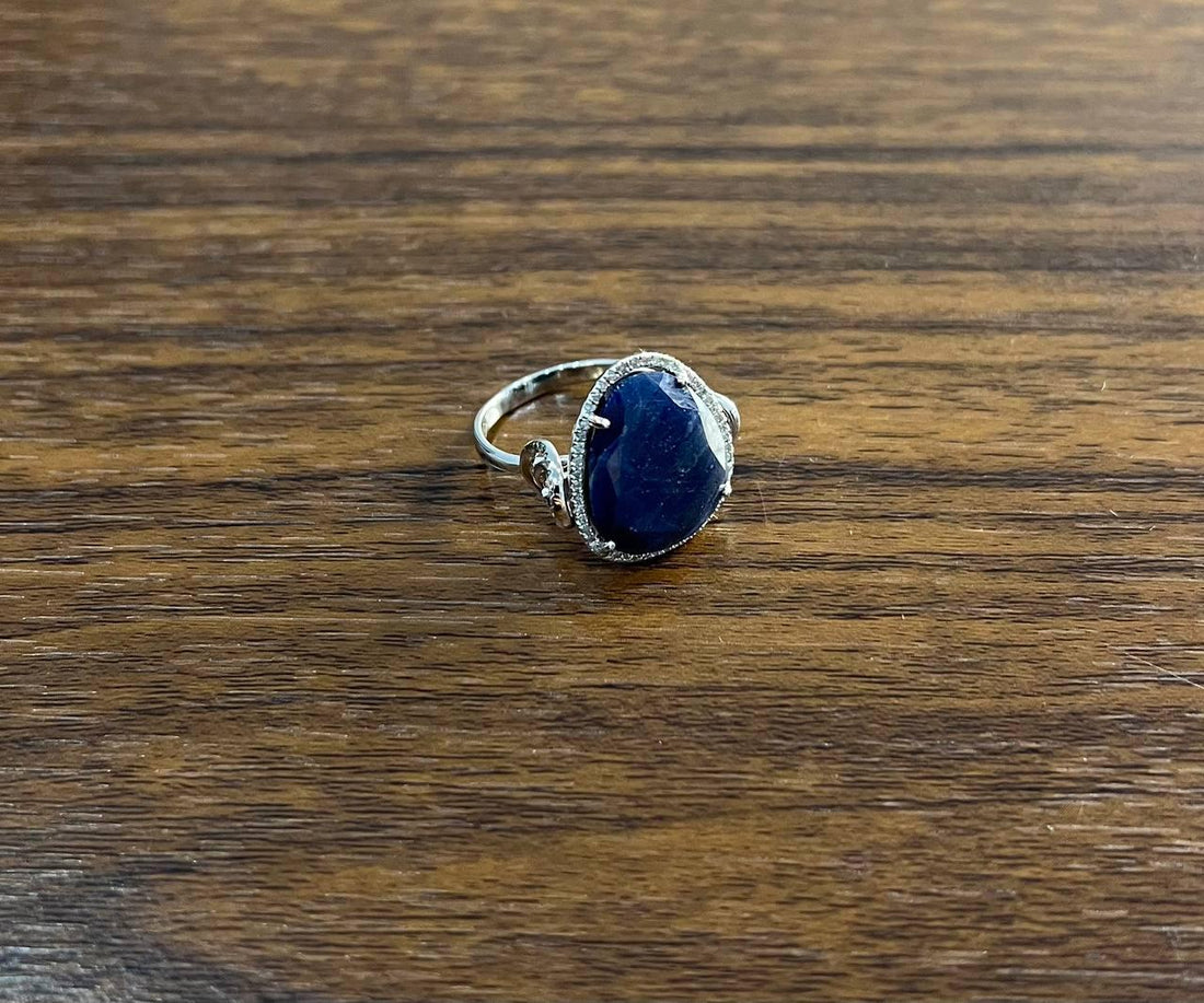 Dark Blue Sapphire Slice Cab Diamond Halo Set 14K White Gold Statement Ring