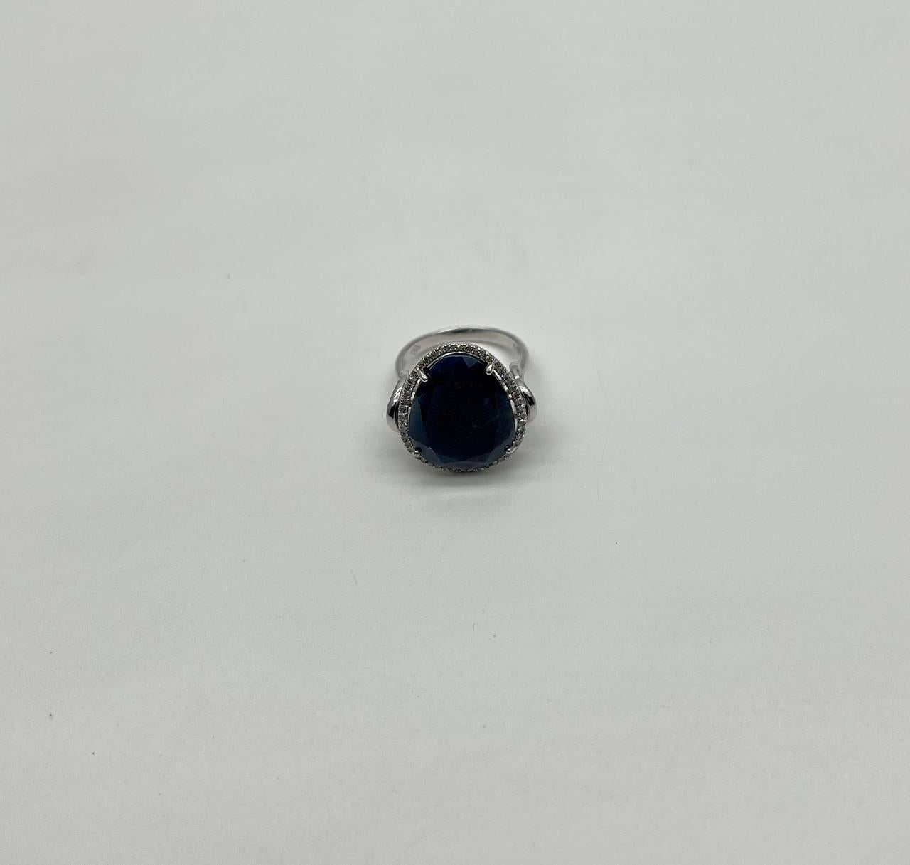 Dark Blue Sapphire Slice Cab Diamond Halo Set 14K White Gold Statement Ring