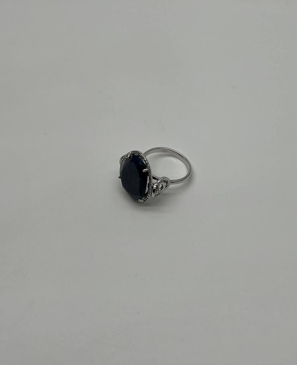 Dark Blue Sapphire Slice Cab Diamond Halo Set 14K White Gold Statement Ring