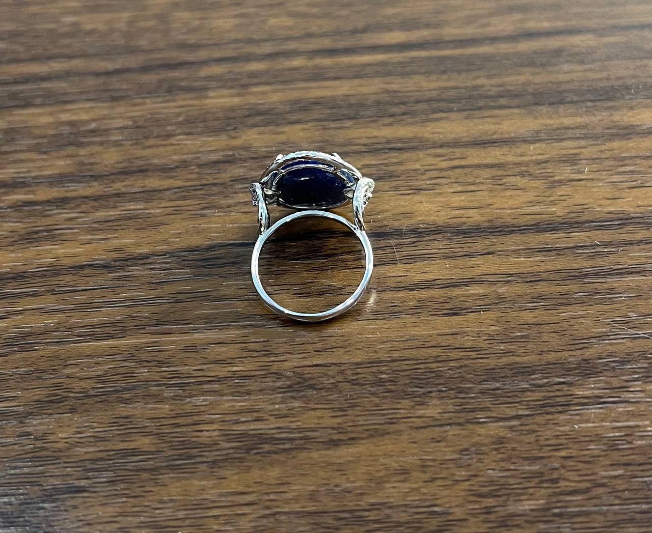 Dark Blue Sapphire Slice Cab Diamond Halo Set 14K White Gold Statement Ring