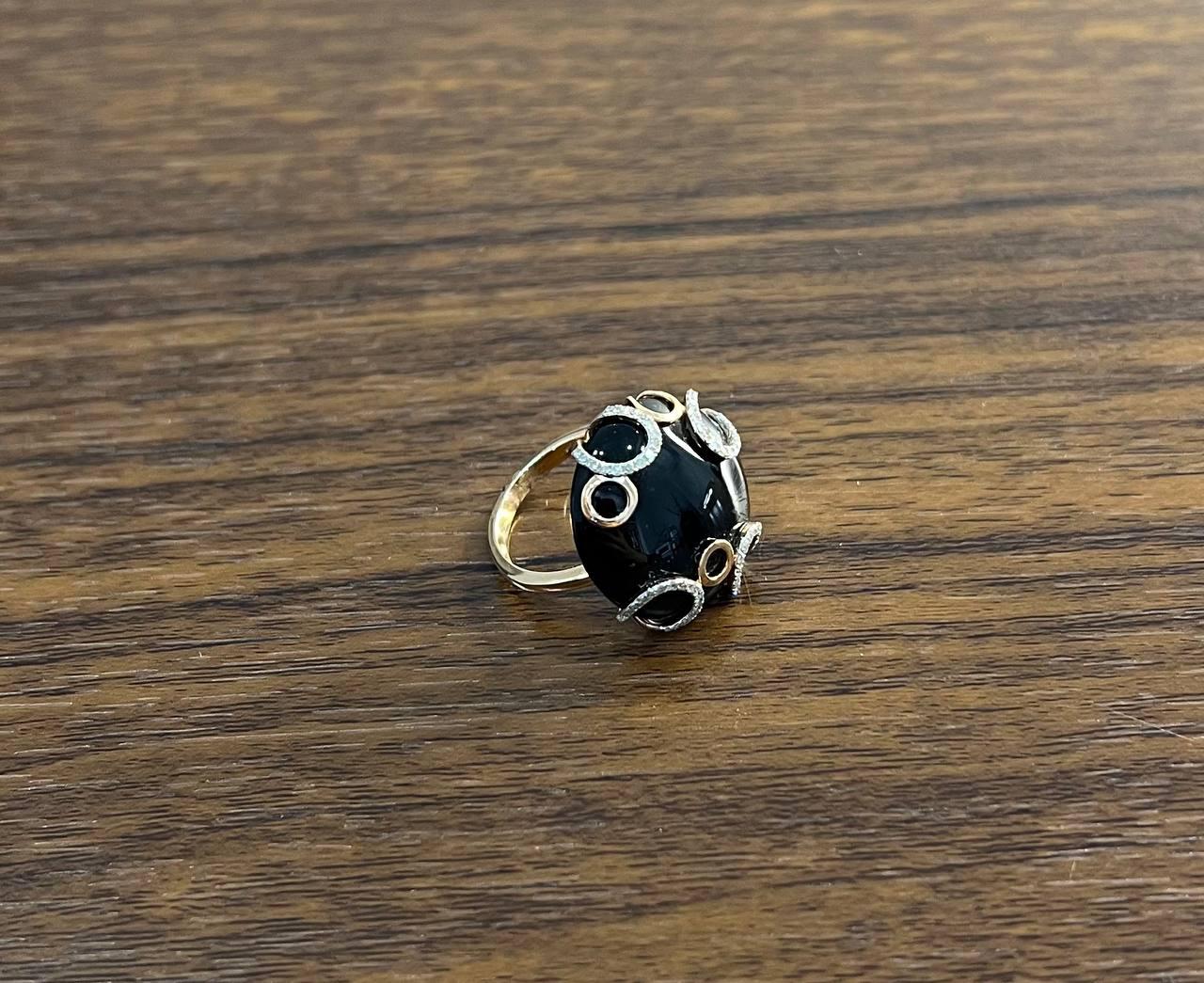 Round Black Onyx Cabochon Diamonds Swirl Scroll 14K Rose Gold Diamond Ring
