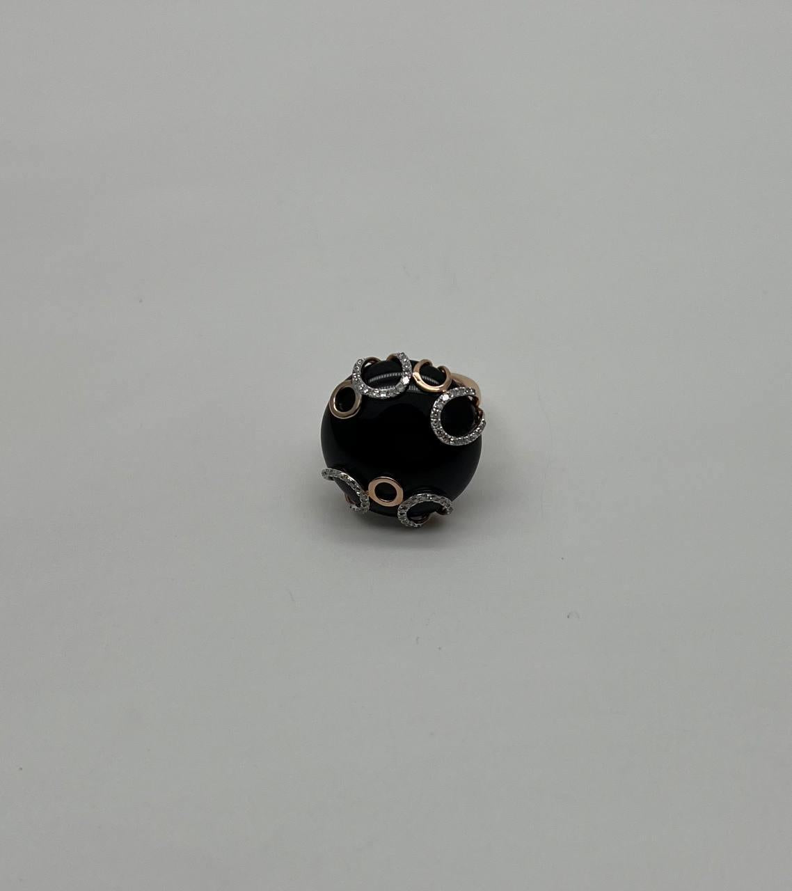 Round Black Onyx Cabochon Diamonds Swirl Scroll 14K Rose Gold Diamond Ring