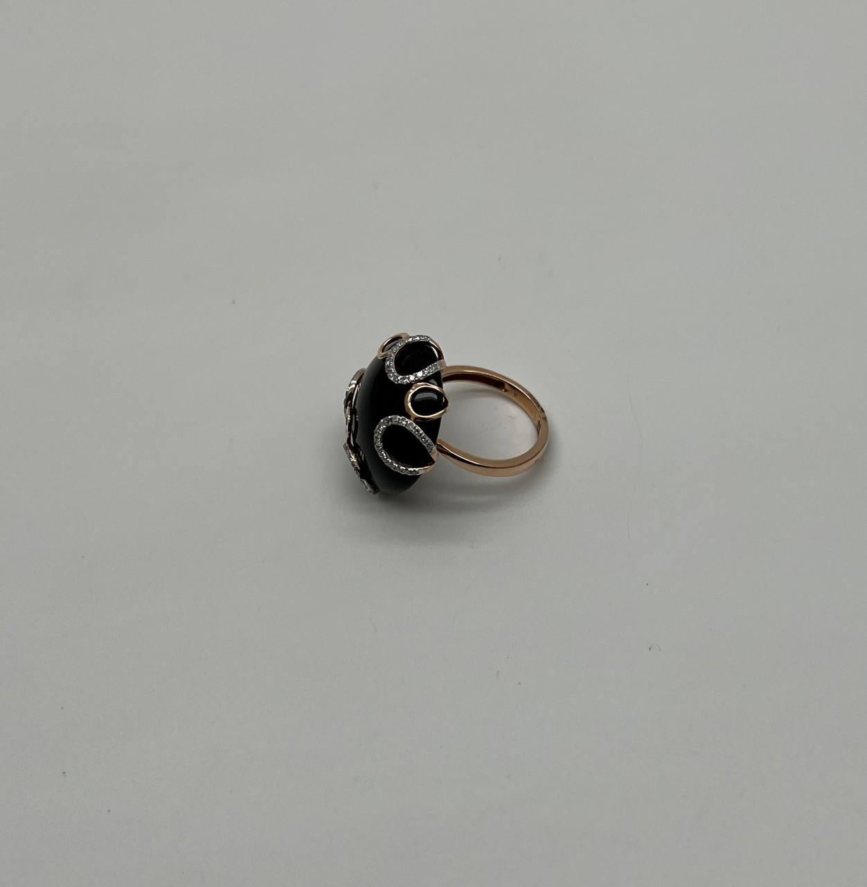Round Black Onyx Cabochon Diamonds Swirl Scroll 14K Rose Gold Diamond Ring