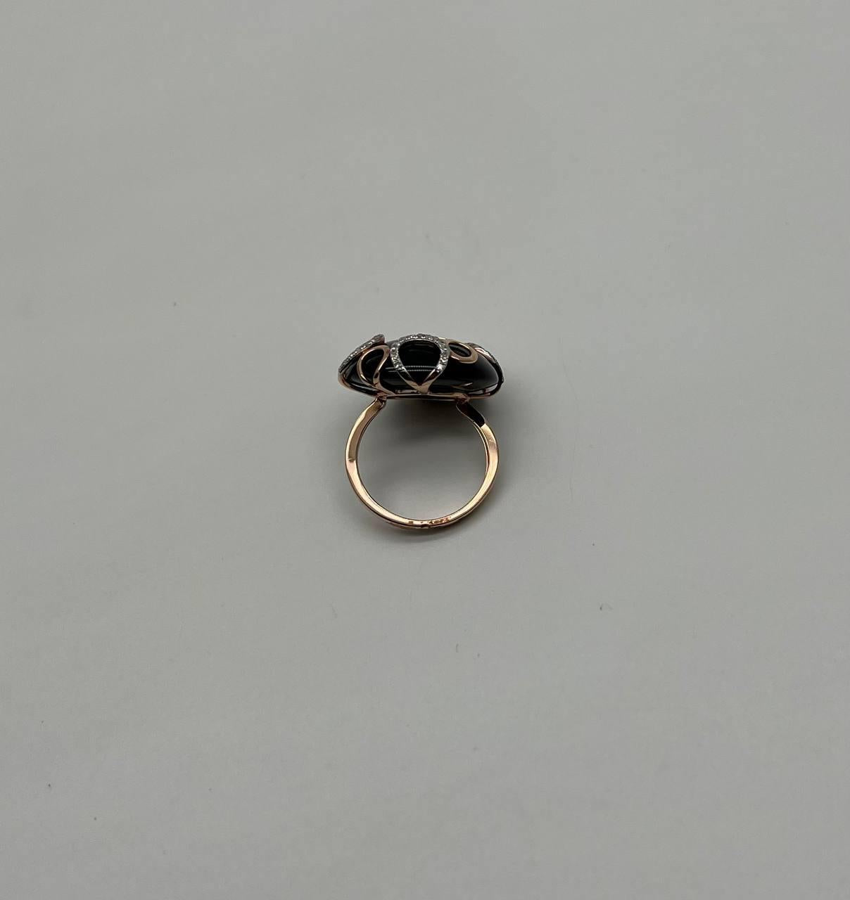 Round Black Onyx Cabochon Diamonds Swirl Scroll 14K Rose Gold Diamond Ring