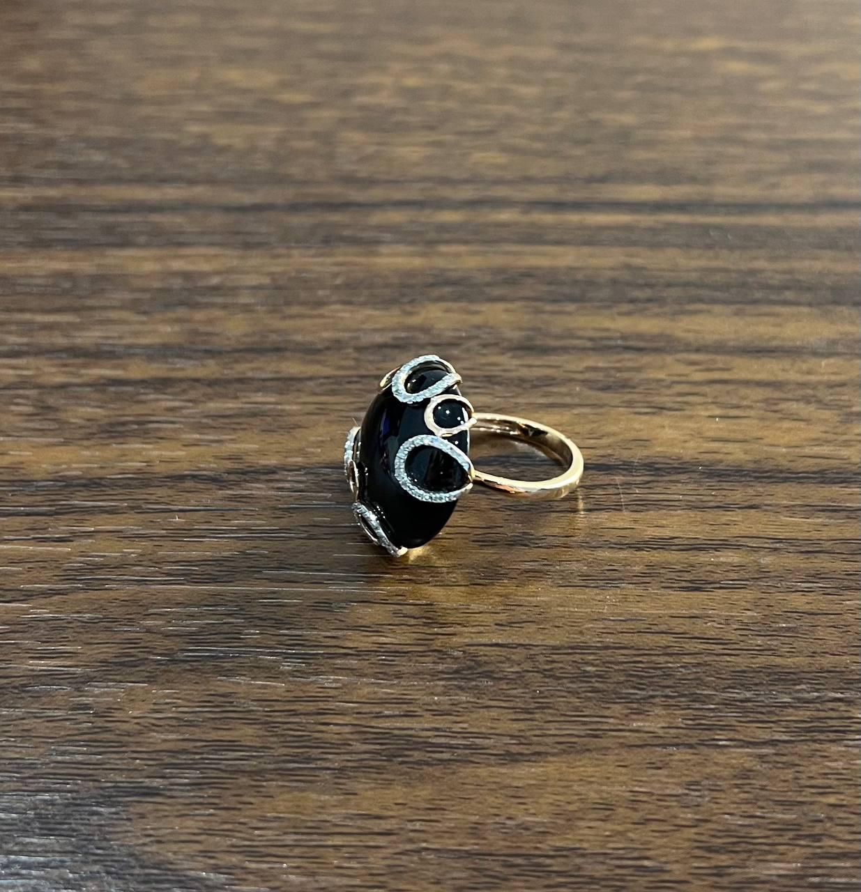 Round Black Onyx Cabochon Diamonds Swirl Scroll 14K Rose Gold Diamond Ring