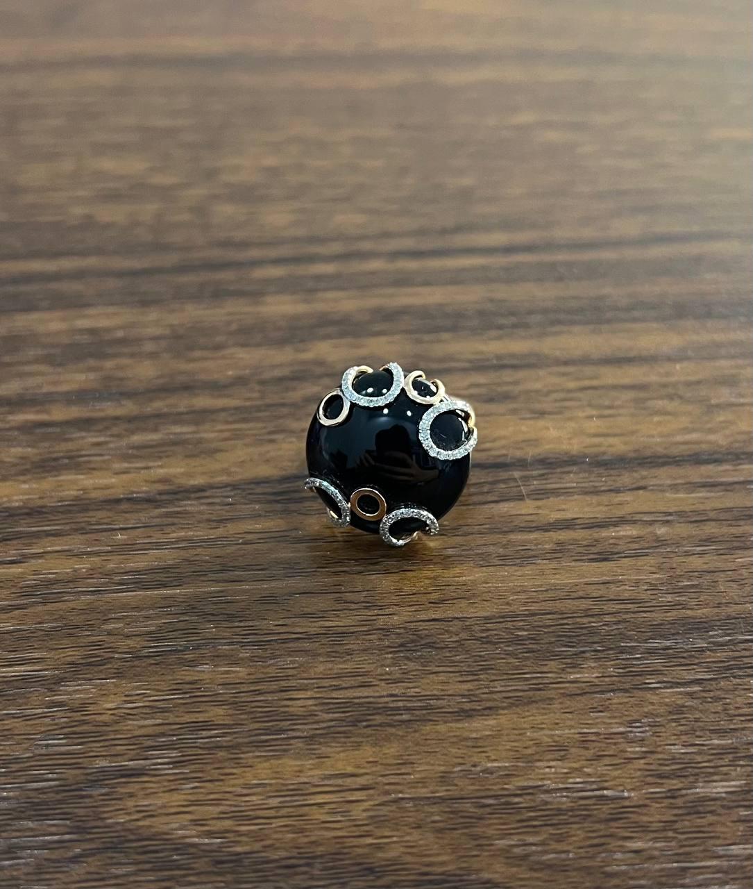 Round Black Onyx Cabochon Diamonds Swirl Scroll 14K Rose Gold Diamond Ring