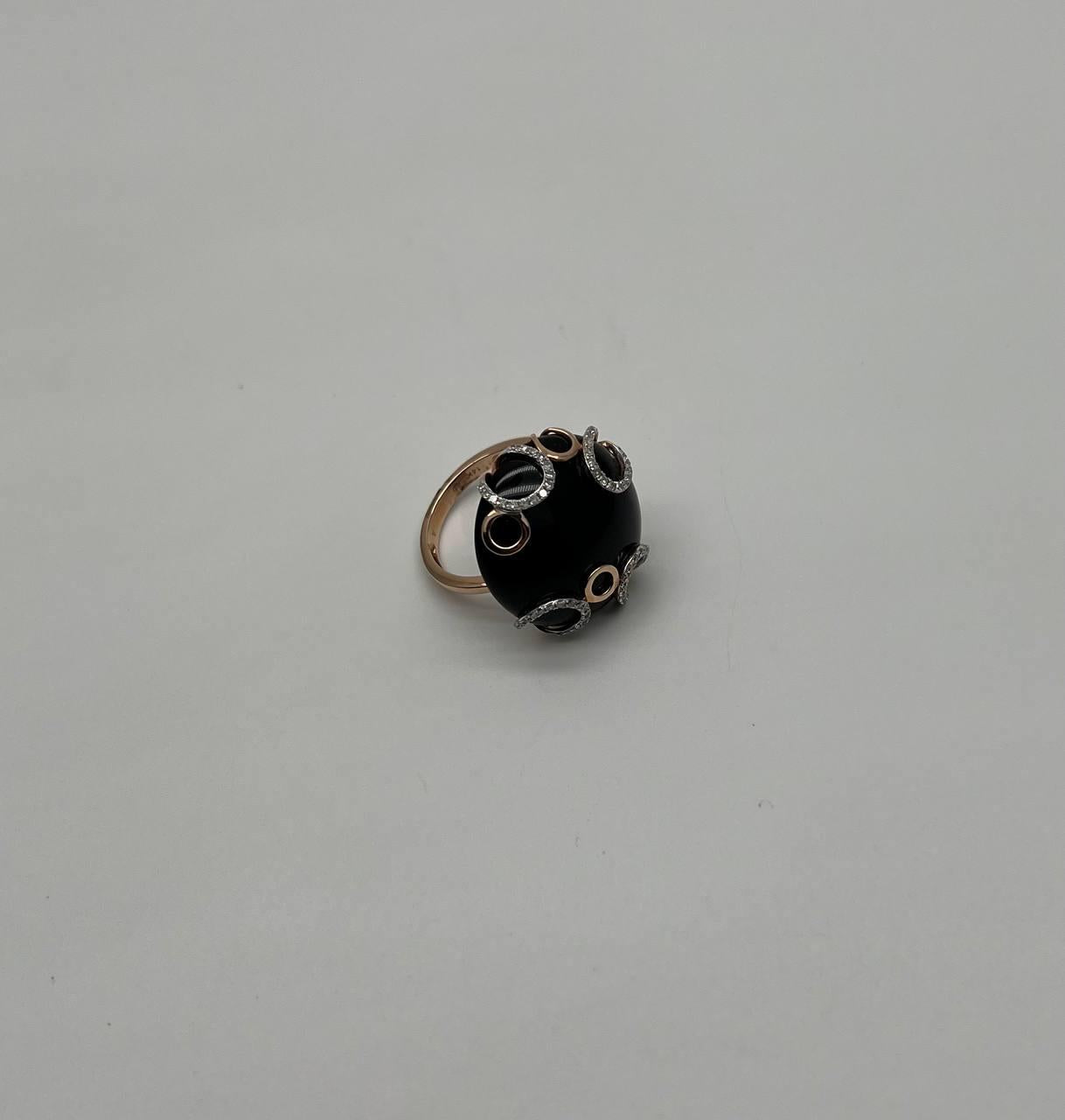 Round Black Onyx Cabochon Diamonds Swirl Scroll 14K Rose Gold Diamond Ring